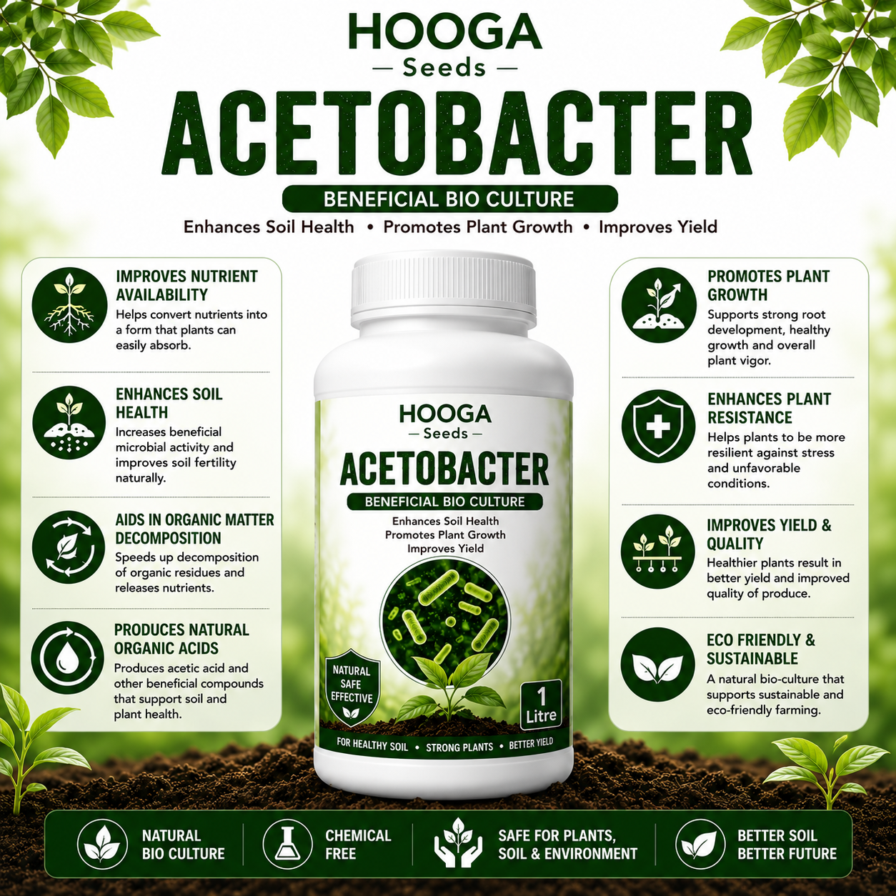 Acetobacter 1 Litre | Nitrogen-Fixing Biofertilizer | HOOGA Seeds